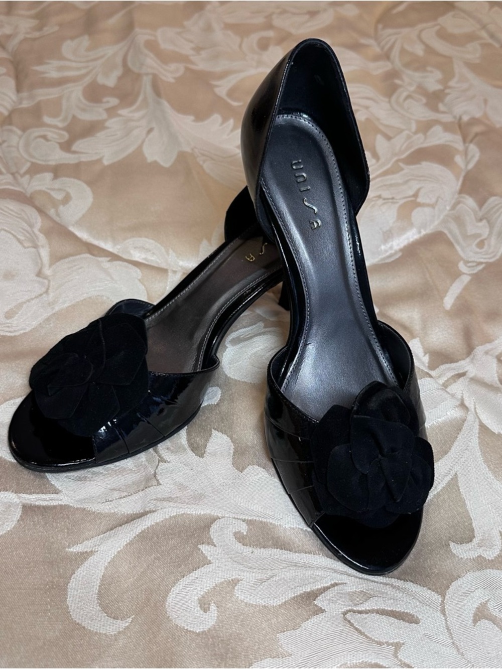Unisa Black Patent Peep-Toe Heels with Floral Accent